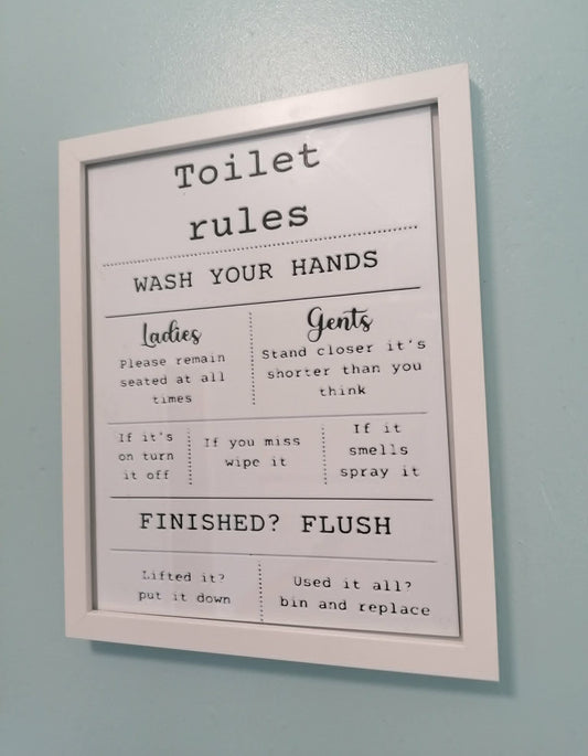 Toilet Rules – Funny Bathroom Wall Art (Framed, 3D Printed)