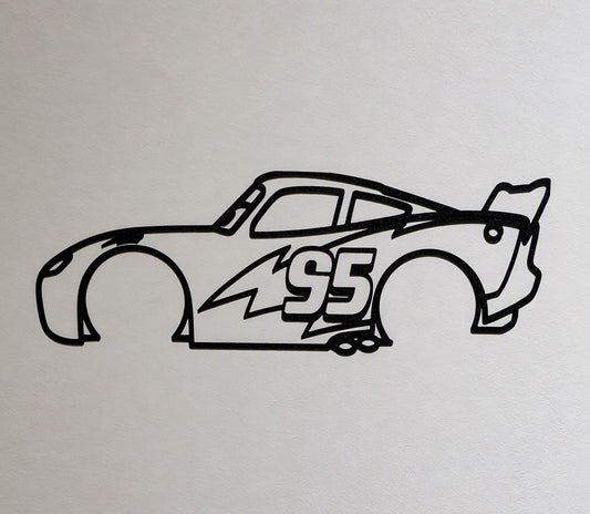 A black line art illustration of a race car with the number 95 and a lightning bolt graphic, shown on a plain light background.