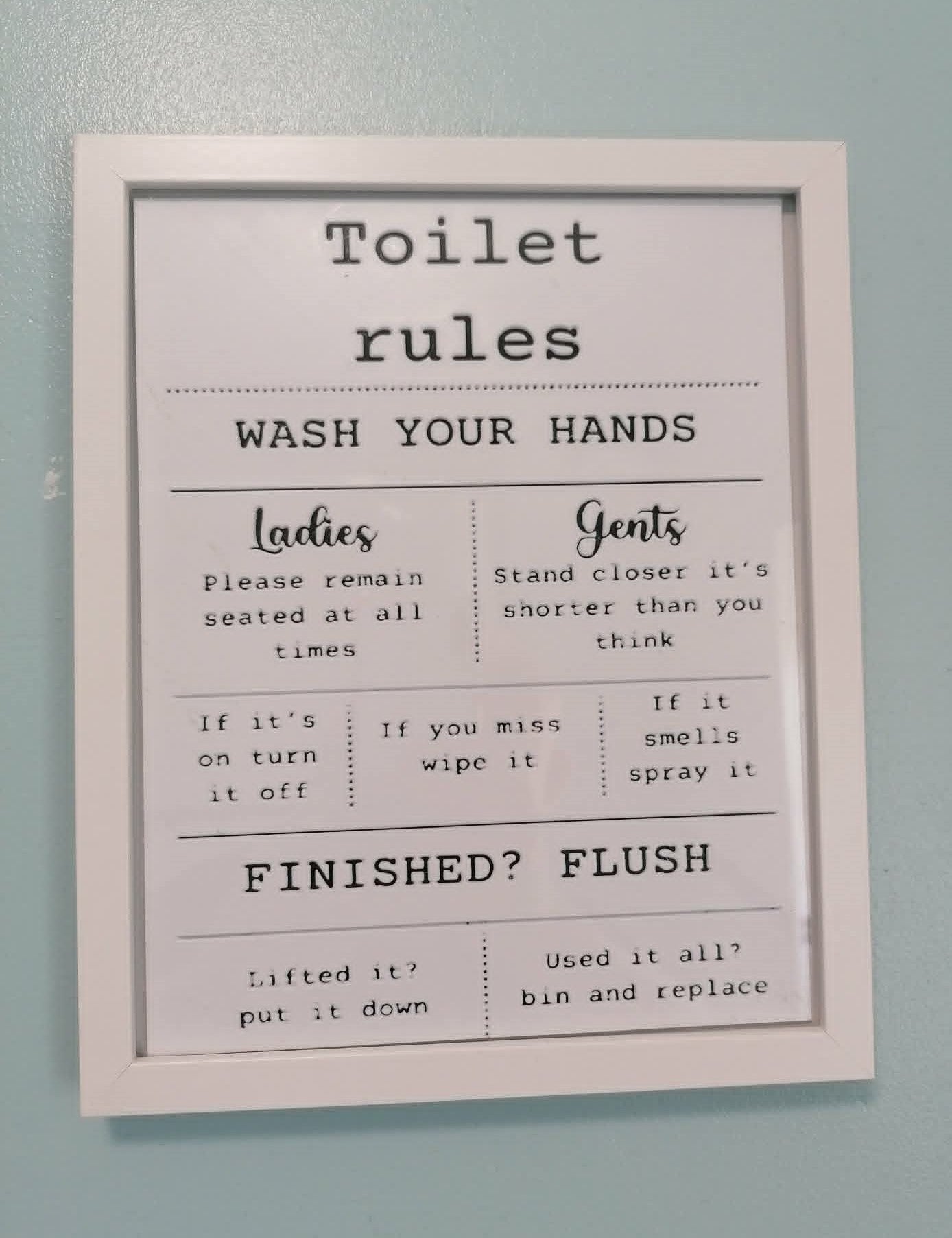 Toilet Rules – Funny Bathroom Wall Art (Framed, 3D Printed)