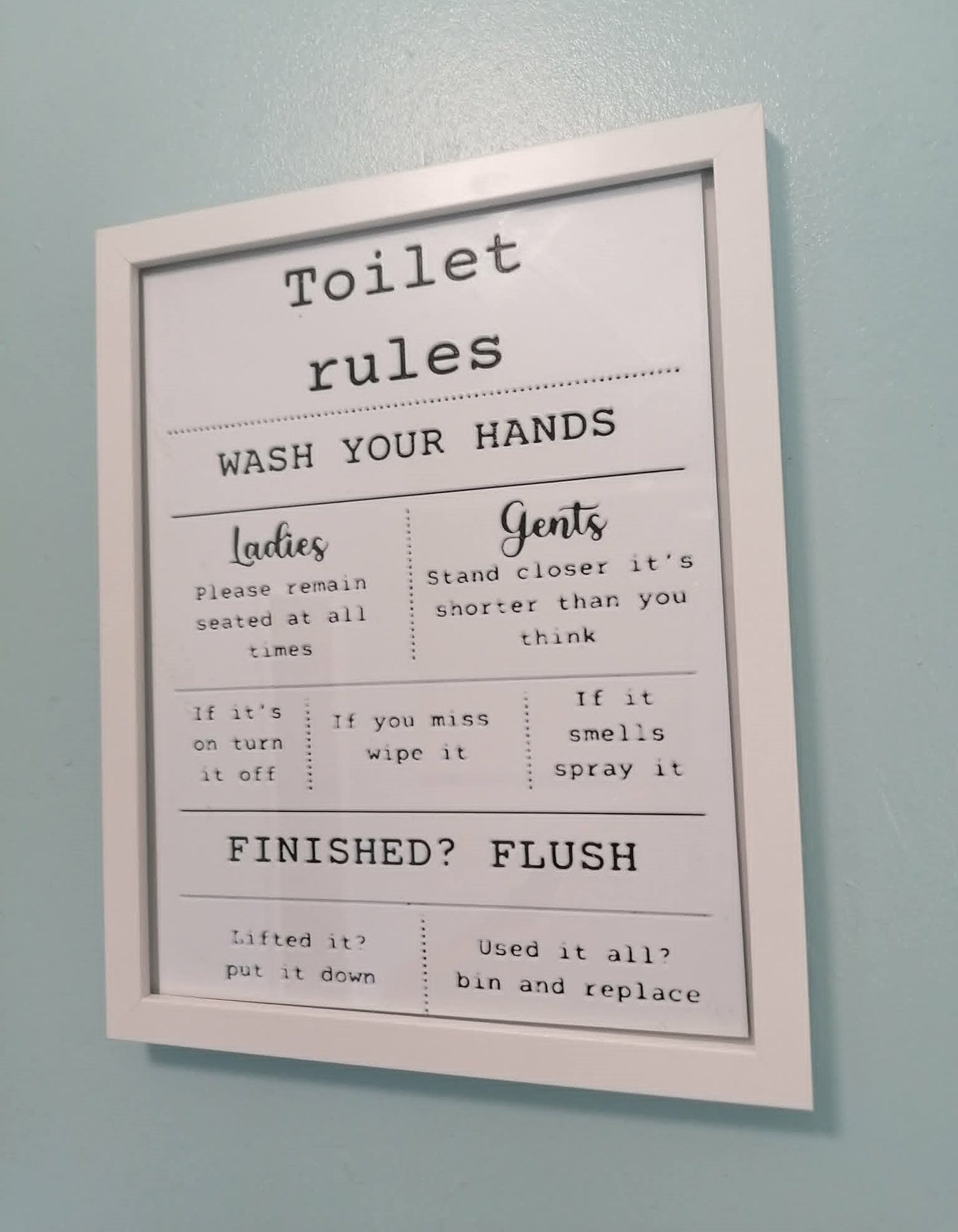 Toilet Rules – Funny Bathroom Wall Art (Framed, 3D Printed)