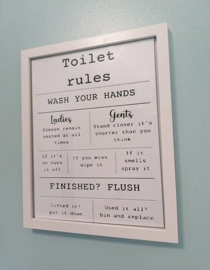 Toilet Rules – Funny Bathroom Wall Art (Framed, 3D Printed)