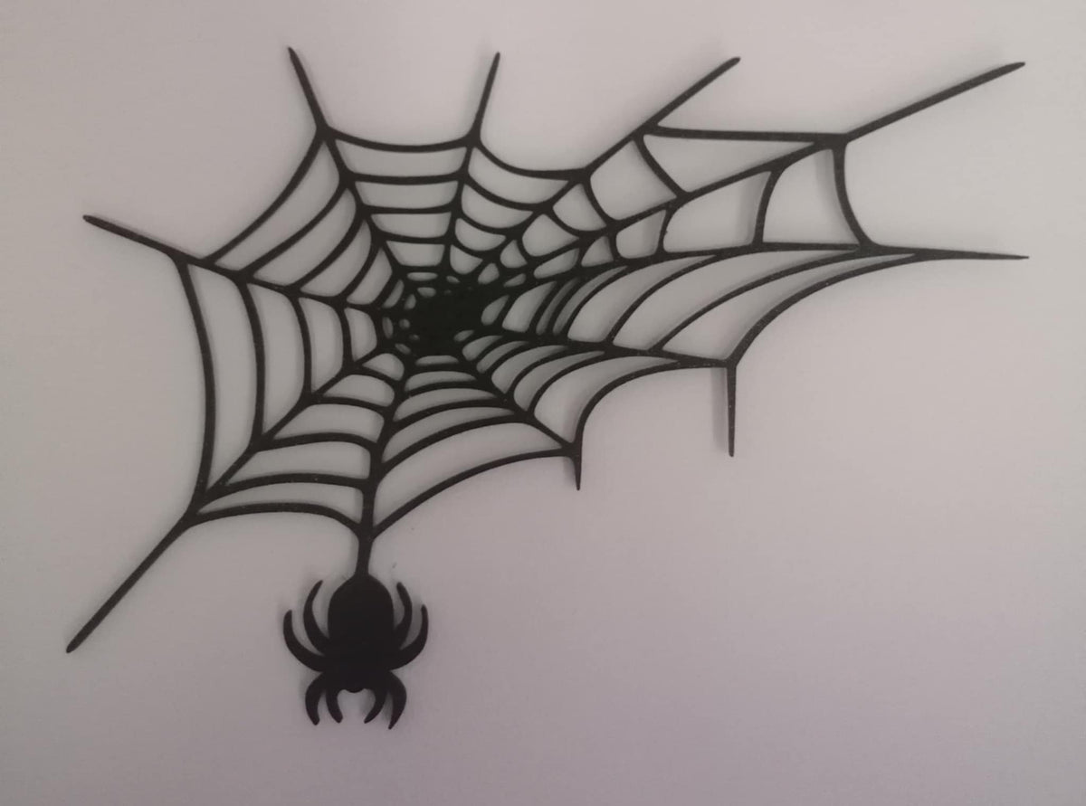 Black silhouette of a stylised spider web with a hanging spider on a light background.